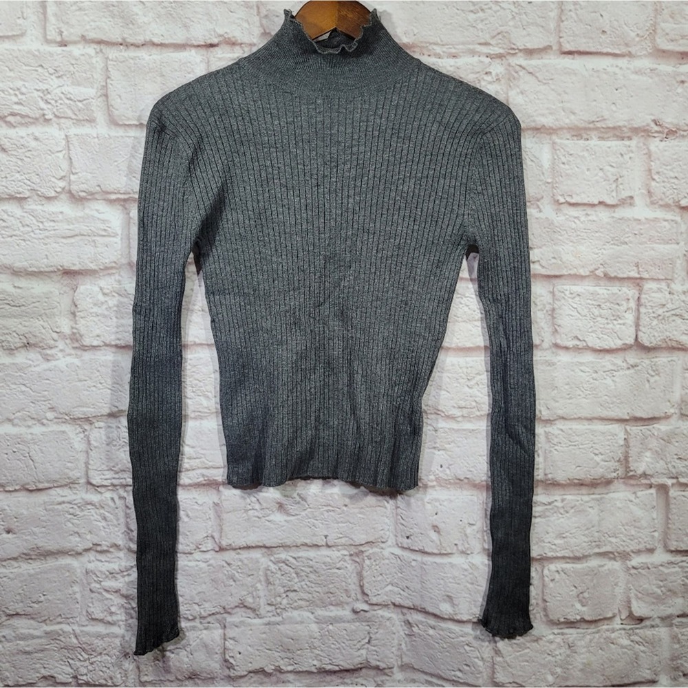 Zara Gray Rib Knit Ruffle Trim Turtleneck Sweater